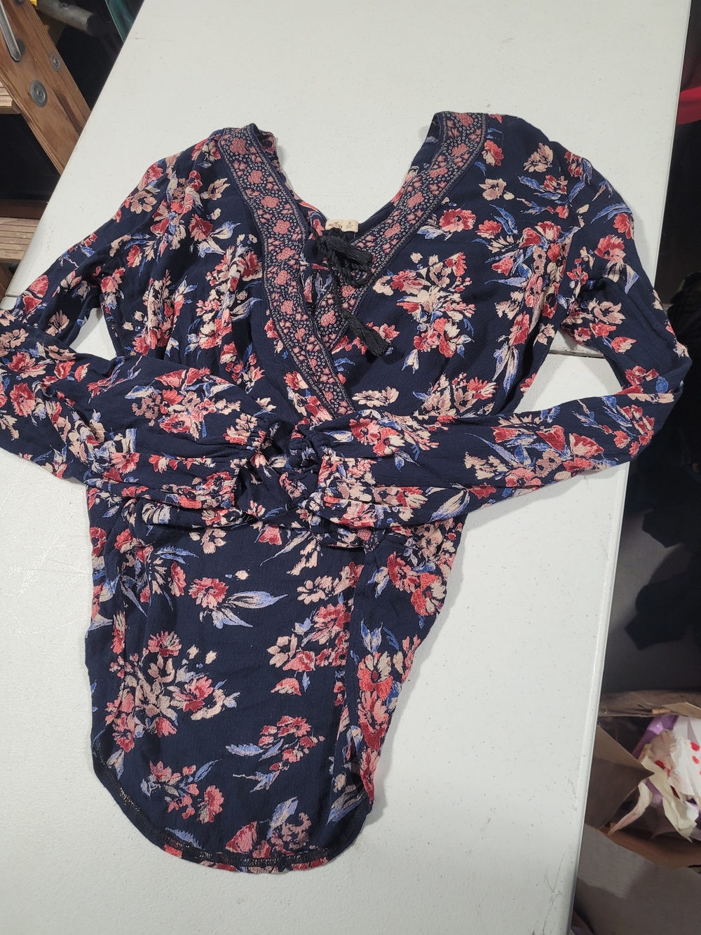 Hollister Navy Floral Wrap Blouse with Pink and Cream Accents - Picture 1 of 3